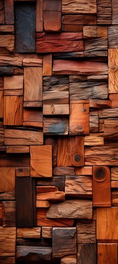 a wall made out of wooden planks with different colors and patterns on it's sides