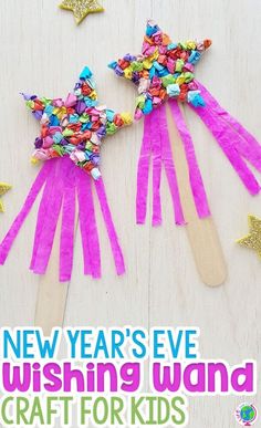 new year's eve wishing wand craft for kids with text overlay that reads, new years eve wishing wand craft for kids