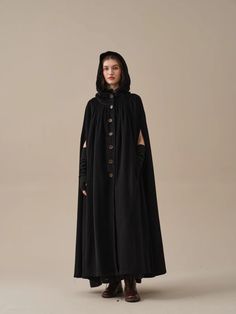 ARIEL 14 | HOODED WOOL CLOAK COAT – Linennaive Witchy Coat, Wolf Cloak, Trend Prediction, Black Mantle, Wool Cloak, Davina Claire, Cloak Coat, Long Cape, Chunky Knits