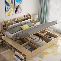 a bed with two drawers underneath it in a room that has yellow and white flooring