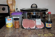 the ingredients are on the counter ready to be put into the crock pot and cook