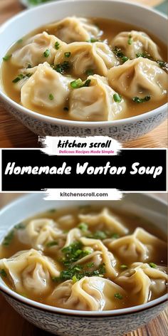 homemade wonton soup in a white bowl on a wooden table with text overlay