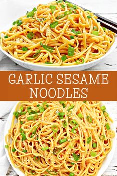 two plates filled with garlic sesame noodles and peas