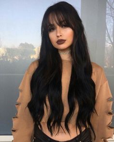 Long black hair with bangs Waist Length Hair, Long Face Hairstyles, Brown Lipstick, Trending Hairstyles, Dark Brown Hair