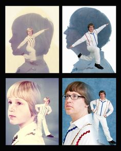 four different photos of people in white suits and ties, with one man standing on top of the other