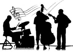 three men are playing music in silhouettes