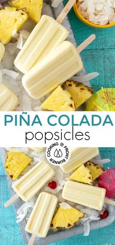 pina colada popsicles with pineapples and coconut on the top are ready to be eaten