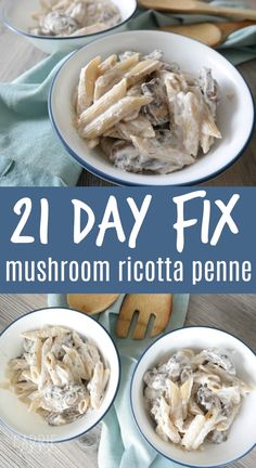 two white bowls filled with mushrooms and pasta on top of a blue table cloth next to wooden spoons