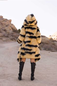 Women's Desert Warrior Coat in "Abstract Tiger" Hooded Faux Fur Parka With Fur Trim, Hooded Faux Fur Coat With Fluffy Detail, Hooded Fluffy Faux Fur Coat, Fluffy Hooded Faux Fur Coat, Fall Faux Fur Coat With Detachable Hood, Hooded Faux Fur Coat With Trim, Faux Fur Coat With Detachable Hood, Desert Warrior, Sequin Vest