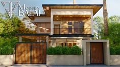 a modern house with wooden doors and plants in the front yard, surrounded by greenery