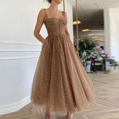 Tea Length Prom Dress, Tulle Balls, Beaded Tulle, Tulle Ball Gown, Prom Dresses Online, Dress Spaghetti, Tulle Prom Dress, Homecoming Dresses Short, Brown Dress