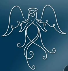 an angel with swirly wings on a blue background