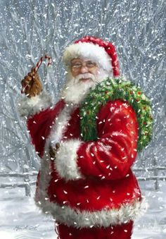 a painting of santa claus holding a candy cane in his right hand and looking at the camera