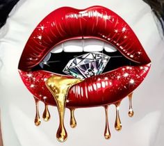 a woman with red lips and gold dripping lipstick on her stomach, holding a diamond in front of her mouth