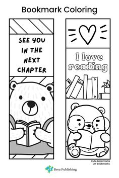 the bookmark coloring page is filled with pictures of books and teddy bears, including one reading