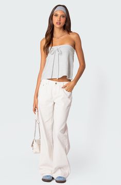 Move from day to date-night in this strapless jersey top designed with a dainty front tie. Strapless 95% cotton, 5% spandex Machine wash, dry flat Imported White Flowy Top, My Mobile Number, Flowy Top, Jersey Top, S Models, Model Height, Pacsun, Cotton Spandex, Strapless Top