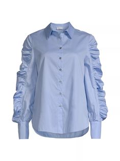 The Juliana Shirt. Features delicate ruffles, point collar, long sleeves, button cuffs, and secure button closures. Classic Fit. Material: 100% Cotton. Model wears size 'S'. Long Collar Shirt, Shirt Collar Styles, Ruffle Sleeve Blouse, Shirt Detail, Ruffle Shirt, Puff Sleeve Top, Skirt Pattern, Fashion Tops, Eminem