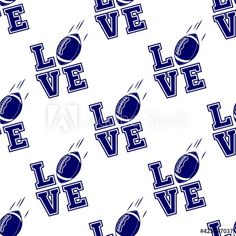 the word love is written in blue on a white background with footballs and ball