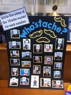 a bulletin board with pictures of mustaches and the words, write the name of the place owner for each number