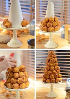 there are four pictures of donuts stacked on a cake stand and one is in the process of being made