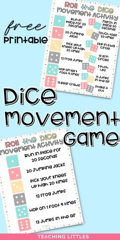 dice movement game with the words dice movement on it and two pictures of dices