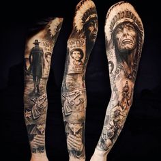 Realistic Western Tattoo, Cowboy And Indian Tattoo Sleeve, Realistic Cowboy Tattoo, Western Movie Tattoo, Mexican Cowboy Tattoo, Apache Indian Tattoo, Outlaw Tattoos For Men, Outlaw Tattoo