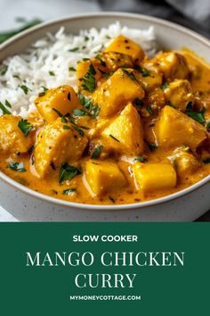 slow cooker mango chicken curry in a bowl with rice and garnishes