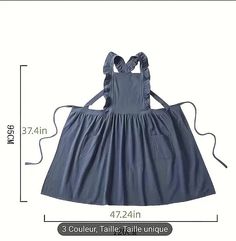 the size and measurements of a child's blue dress with straps on each side