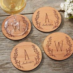 Personalized Wood Coasters - Farmhouse Floral Wood Etching Ideas, Woodburn Coasters, Wood Burning Coasters Ideas, Honesty Stall, Wood Coaster Ideas, Wood Burning Ideas Gifts, Wood Engraving Ideas, Wood Burning Coasters, Wood Burning Gifts