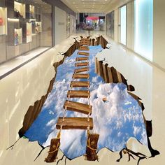 an image of a wooden walkway going through the sky with clouds and water on it