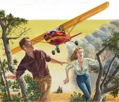 a painting of a man and woman in front of an airplane flying above them,