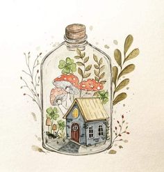 a watercolor painting of a house in a bottle with mushrooms on the roof and leaves around it