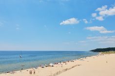 many people are on the beach and in the water