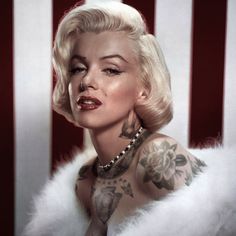 a woman with blonde hair wearing a white fur collar and choker necklace, in front of an american flag