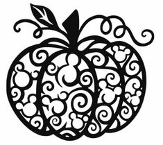 a black and white drawing of a pumpkin with swirly designs on it's side