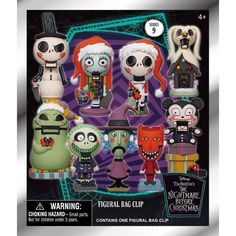 an assortment of halloween characters on display in front of a metal frame with the words,'nightmareland bag clippings '