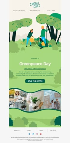 the greenpeace day flyer is shown with people working in the park and trees