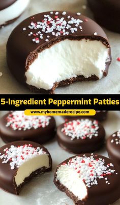 chocolate covered peppermint patties with white frosting and sprinkles