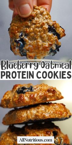 blueberry oatmeal protein cookies are stacked on top of each other with the words, blueberry oatmeal protein cookies