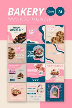 bakery instagram post templates with pink and blue colors on the bottom, including cake images