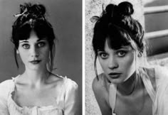 two black and white photos of women with hair in buns