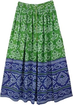 A free-flowing rayon long skirt in green and blue with festival style block print.  This rayon women's skirt features a simple celebration print. #tlb #Printed #Indian #RayonSkirt #DanceSkirt #ComfortableFlowySkirt Green Cotton Maxi Skirt With Relaxed Fit, Green Cotton Lined Maxi Skirt, Green Cotton Maxi Skirt With Lining, Green Flowy Cotton Maxi Skirt, Green Maxi Skirt For Summer, Festive Long Blue Skirt, Green Relaxed Maxi Skirt, Green Flowy Maxi Skirt, Green Relaxed Fit Maxi Skirt