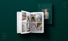 an open book with photos inside on a green background