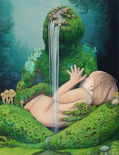 a painting of a naked woman laying on the ground in front of a waterfall and mushrooms