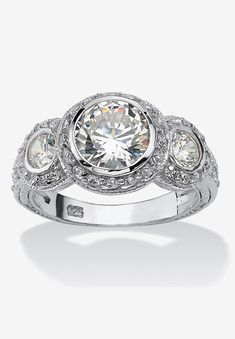 This brilliantly classic anniversary ring sparkles with 3.09 carats T.W. of elegance for a truly luxurious look. Three bezel-set round cubic zirconia stones Cz Rings, Cz Rings Engagement, Large Stone, Sparkling Rings, Put A Ring On It, Bridal Ring, Anniversary Ring, Bridal Rings, Sterling Ring