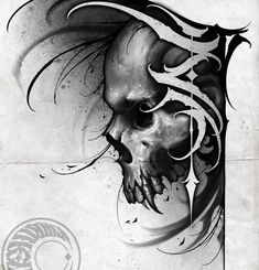 a black and white drawing of a skull with swirls on it's head