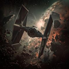 a star wars scene with a fighter jet in the foreground and an exploding planet in the background