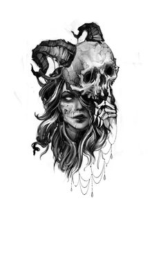 a drawing of a woman's face with horns on her head and skull in the background