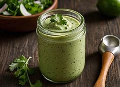 a green smoothie in a mason jar with cilantro on the side