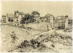 an image of a drawing of a village in the distance with trees and bushes around it